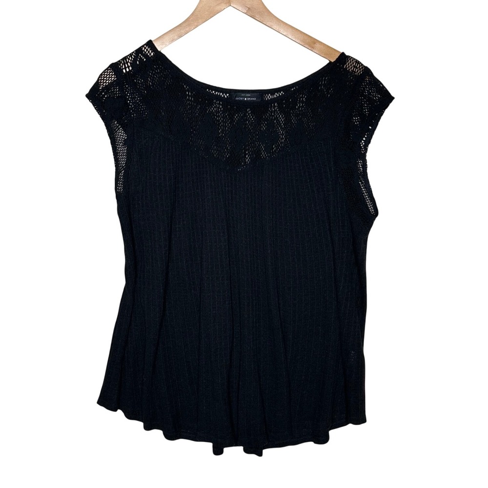 Lucky Brand Women's Pleated Boho Linen Blend Blouse size Large Black